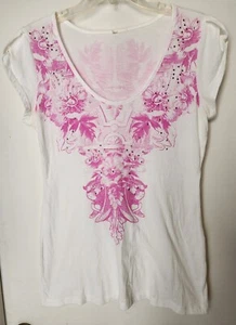 7 Seven For All Mankind Woman's White pink floral Short Sleeve T-Shirt XL - Picture 1 of 2