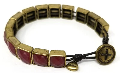 Pulsera facetada piedra roja latón fósil Foto 1 de 4