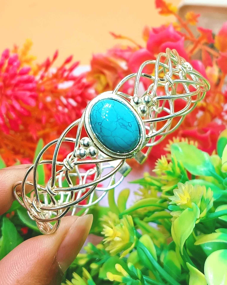 Boho Turquoise Gemstone 1Pcs 925 Silver Plated  Cuff Bangle Adjustable Jewelry ~ - Image 1 of 1