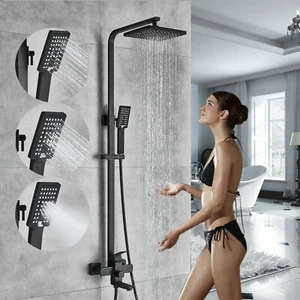 Matte Black Shower Faucet System Bathroom Rainfall Head Combo with Handle Spray - Picture 1 of 9