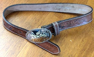 Nocona? Belt Brown Leather Silver and Gold Bull Rider Buckle Western Size 20 - Picture 1 of 10