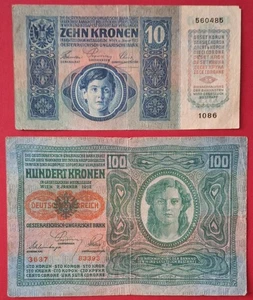 100 Kronen 1912 Austria 10 Kronen 1915 Zehn Kronen Hundert Kronen BANKNOTES - Picture 1 of 7