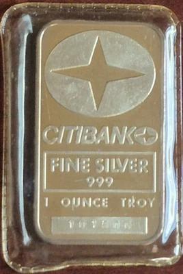Barra de plata fina Johnson Matthey Citibank rara 1 Troy OZ .999, baja acuñación Foto 1 de 4