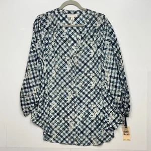 Emaline Woman 2X Blue White Print Long Sleeve V-Neck Blouse Top - Picture 1 of 10