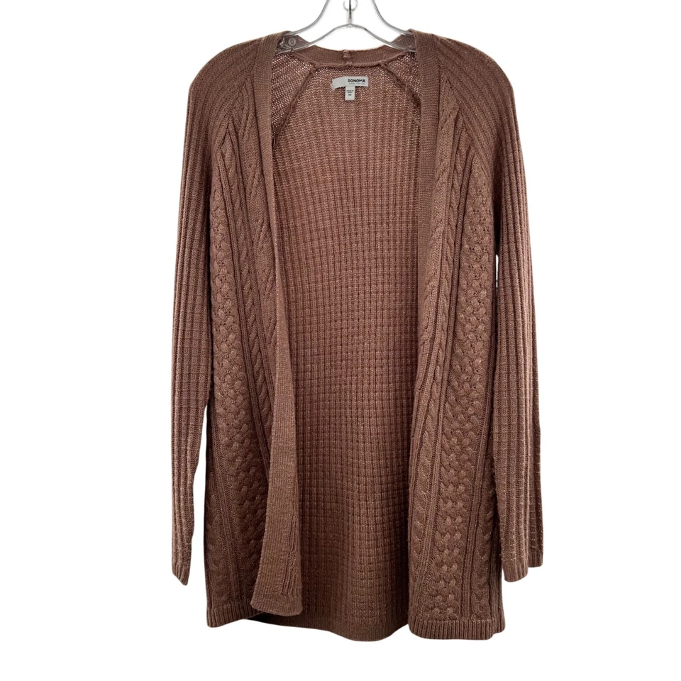 Cárdigan abierto para mujer Sonomo tejido con cable marrón/dorado brillante talla mediana Foto 1 de 4