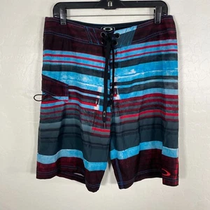 Oakley Board Shorts Mens 33 Blue Red Surfing Swimming Drawstring Striped Beach - Picture 1 of 8