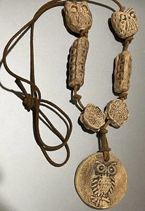 Vtg Owl Pendant Dangle Necklace Leather Cord Pottery - Picture 1 of 3