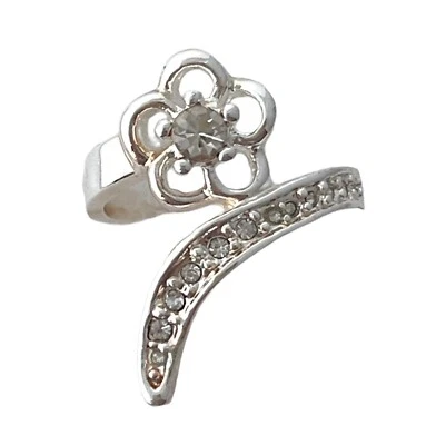 Anillo para mujer talla 8 plata brillante transparente estrás espiral envoltura floral flor Foto 1 de 4