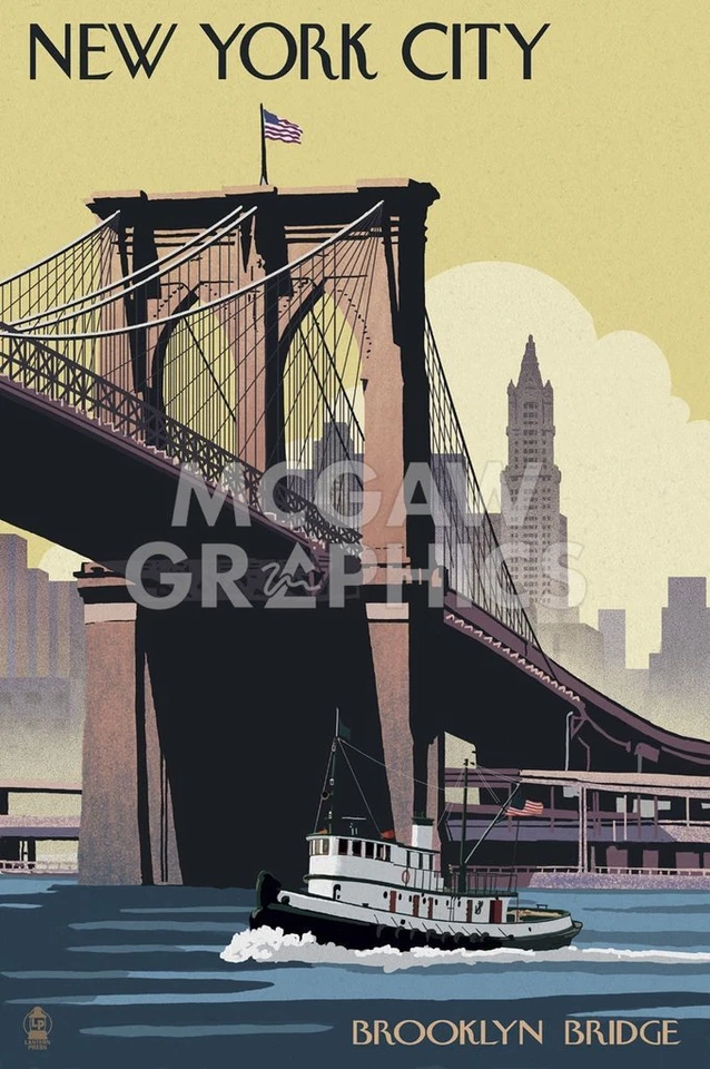 New York City Brooklyn Bridge, Lantern Press, Wall Decor Art Print 14" x 11" - Image 1 of 1