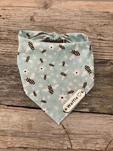 Dog Bandana, Bumble Bees Mint Frost, White Leather Personalized Name Tag, Tie On - Picture 1 of 6