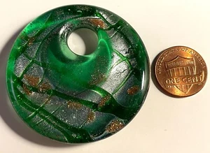 ONE Large Heavy Green Copper Silver Dichroic Glass Jewelry Pendant 50mm 2" P12 - Picture 1 of 6