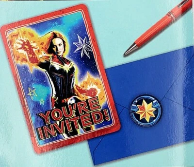 Captain Marvel Invitations 8 Count Birthday  Party Cards Notes Stationery New - Image 1 of 4