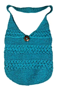 Hand Crochet Hemp Shoulder Bag Charming Charlie Coconut Shell Button Turquoise - Picture 1 of 10
