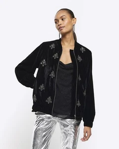 River Island Womens Black Polyester Velvet Bomber Jacket Size XS - Picture 1 of 11