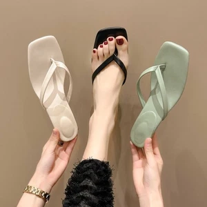 Women Summer Kitten Heel Square Toe Slippers Slip On Flip Flops Shoes Slippers - Picture 1 of 16
