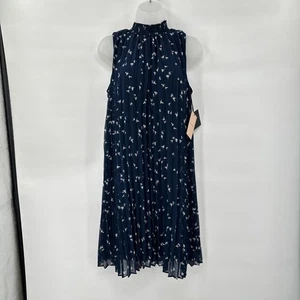 Halogen Dress Womens Small Classic Navy Blue Floral Pleated Sleeveless Midi NEW - Picture 1 of 12