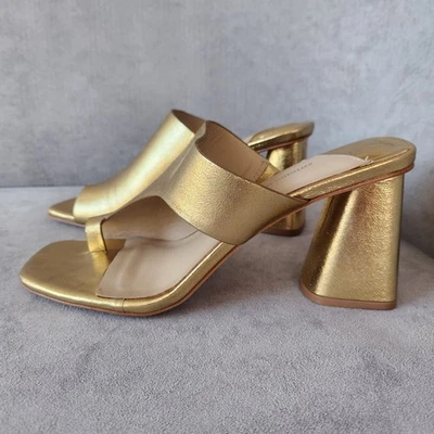 Antonio Melani Sandalias 9.5 Cuero Dorado Murrey Puntera Lazo Bloque Tacones Y2K Nuevo $110 Foto 1 de 4