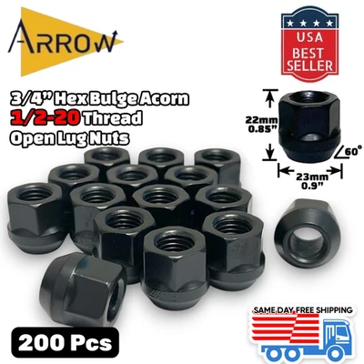 200Pcs Black 1/2-20 Acorn Open End Lug Nuts 3/4" Hex WHOLESALE Fit: Ford Models - Image 1 of 4