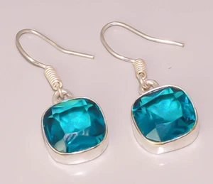 Green Apatite Faceted Quartz Handmade 925 STERLING SILVER PLATED HOOP EARRING - Picture 1 of 1
