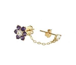 14k Yellow Gold Flower CZ Stud Earrings with chain Push back - Picture 1 of 6