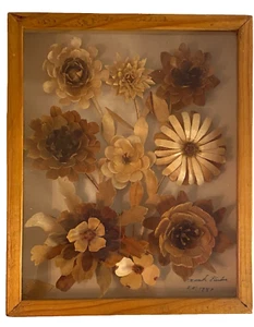 Vintage Boho Natural Pinecone & Wood Chip Flower 3D Wall Art Framed 8.5" x 10.5" - Picture 1 of 8
