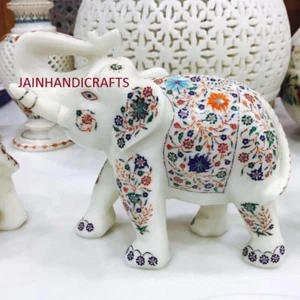 12'' Real Makarana Marble Elephant Trunk up wild Mosaic Pietra dura Inlay Work - Picture 1 of 5