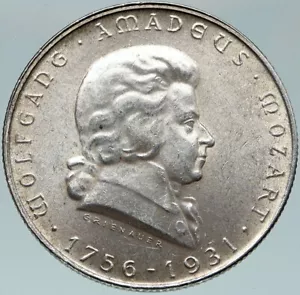 1931 AUSTRIA w Composer Musician Mozart Antique Silver 2 Schilling Coin i87454 - Picture 1 of 3