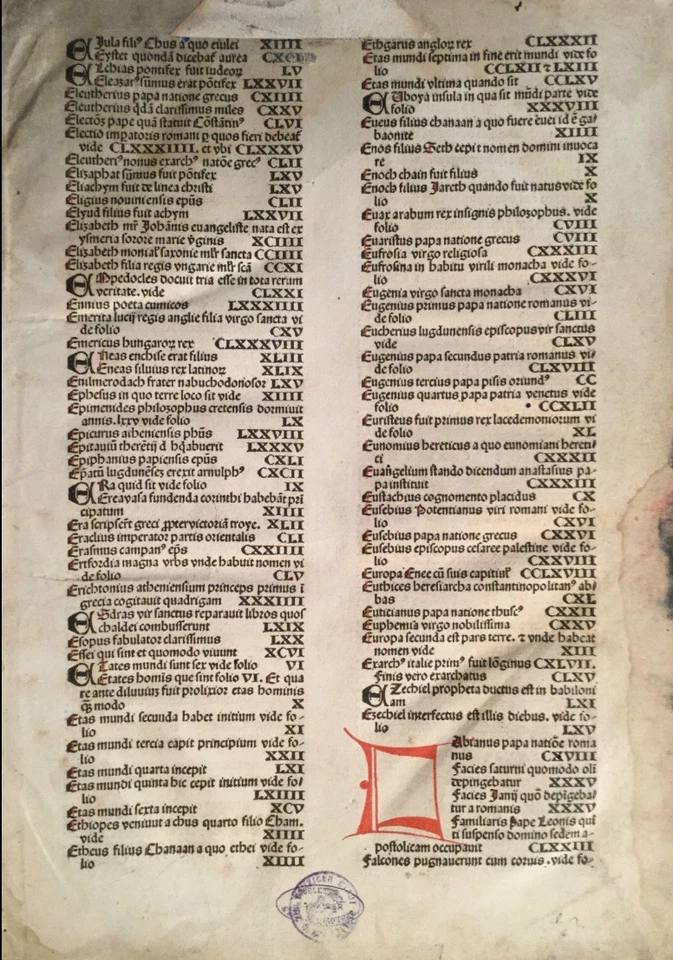 Original index leaf "E" Nuremberg Chronicle 1493 Liber chronicarum, Schedel RARE - Image 1 of 2