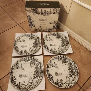 NEW S/4 Pottery Barn Rustic Forest Winter DINNER Round Plate deer stag CABIN - Picture 1 of 6