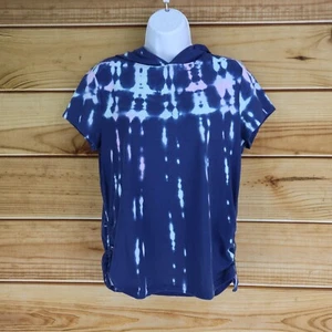 SO Short Sleeve Shirt Hooded Girls XXL Blue Geometric Cotton Blend Ruched Side - Picture 1 of 7