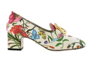 Gucci Victoire 55 White Canvas Floral Logo Block Mid Heel Mule Loafer Pump 36.5 - Picture 1 of 10