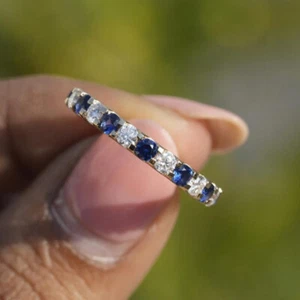 2ct Round Blue Sapphire Diamond Eternity Wedding Band Ring 14k White Gold Finish - Picture 1 of 11