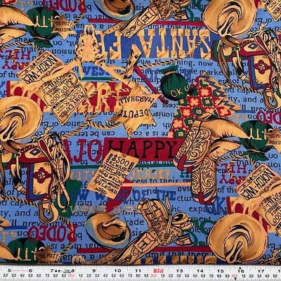 Vintage Cowboy Western Santa Fe Blue Unbranded Cotton Fabric by the HALF YARD - Image 1 of 2