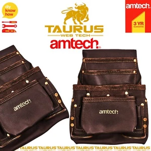 4x Pocket AMTECH Heavy Duty GENUINE LEATHER Tool Belt Pouch Builders Work DIY UK - Picture 1 of 3
