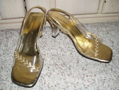 Tacón de vestir PIERRE DUMAS punta abierta estrás patrón de hojas doradas con cordones ~ dorado ~ 7 M Foto 1 de 4