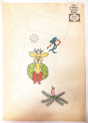 Vintage Al Weiss Hand Painted Needlepoint REINDEER in WREATH Stocking 20" - Image 1 of 4