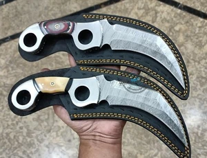 2 pcs of Custom Made Beautiful Damascus steel Double Edge Karambit Knife (3013) - Picture 1 of 4