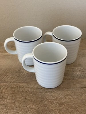 Crate & Barrel White Ribbed Blue Trim Mugs Portugal Spal Porcelain Set of 3 Cups - Image 1 of 4