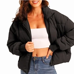NEW Puffer Coat Pabopkobi Women Size M Black Baggy Zip Short Down Winter Jacket - Picture 1 of 9