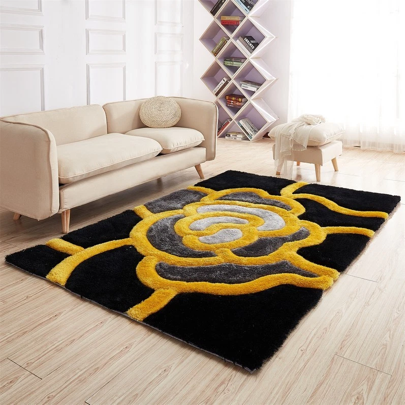 Luxurious Thick Pile Rug Modern Soft Silky Contemporary Shaggy Rugs Mats UK Black Grey Pebbles 90x150cm (3x5')