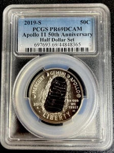 2019 S APOLLO 11 HALF DOLLAR PR69 DCAM 50th Anniversary Moon Landing Blue Label - Picture 1 of 2