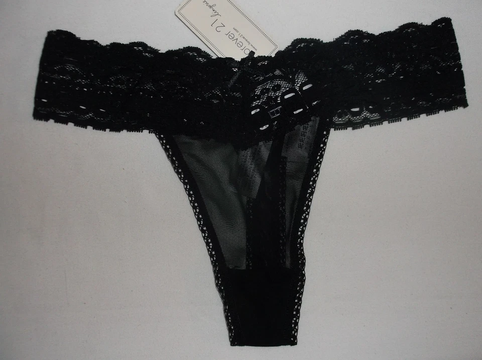 Forever 21 sheer mesh w/wide lace waistband thong panties S M black pink nwt - Image 1 of 1