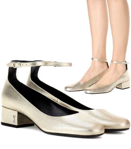 Ysl Saint Laurent Pumps Tango Babies Ankle Strap Shoe Logo Low Heel Metallic 37 - Picture 1 of 10