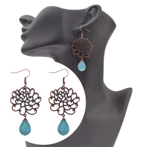 Women's Vintage Bronze Carved Flowers Earrings Bohemian Drop Turquoise Earrings - Picture 1 of 25
