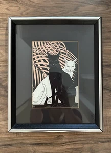 Tracy Sabin Cat Art Framed Mat Mid Century 80s Black White Cat - Picture 1 of 10