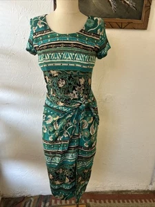 VINTAGE Jessica Howard Midi Dress Size 8 Print Rayon Sarong Resortwear Green - Picture 1 of 11