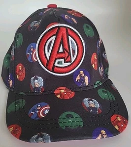 Marvel Avengers Snapback Hat Sm Black Superheros All Over Print Adjustable Kids - Picture 1 of 6
