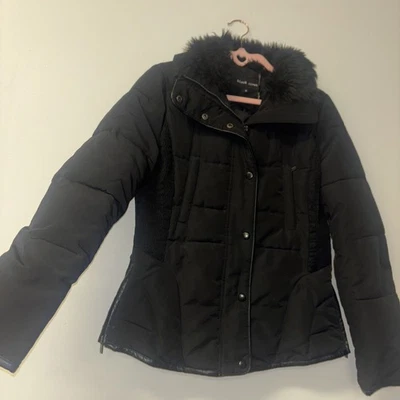 Black Rivet Jacket Coat Sz S Moto Faux Fur Penny Lane Black Quilted Puffer Afgan - Image 1 of 4