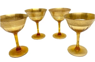 Vintage Tiffin-Franciscan Amber  22k Gold Rim Set Of 4 Champagne Glasses - image 1 of 4
