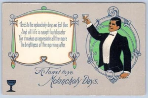 1920er ART DECO SMOKING MANN EIN TOAST AUF MELANCHOLISCHE TAGE AM MORGEN DANACH POSTKARTE - Bild 1 von 2